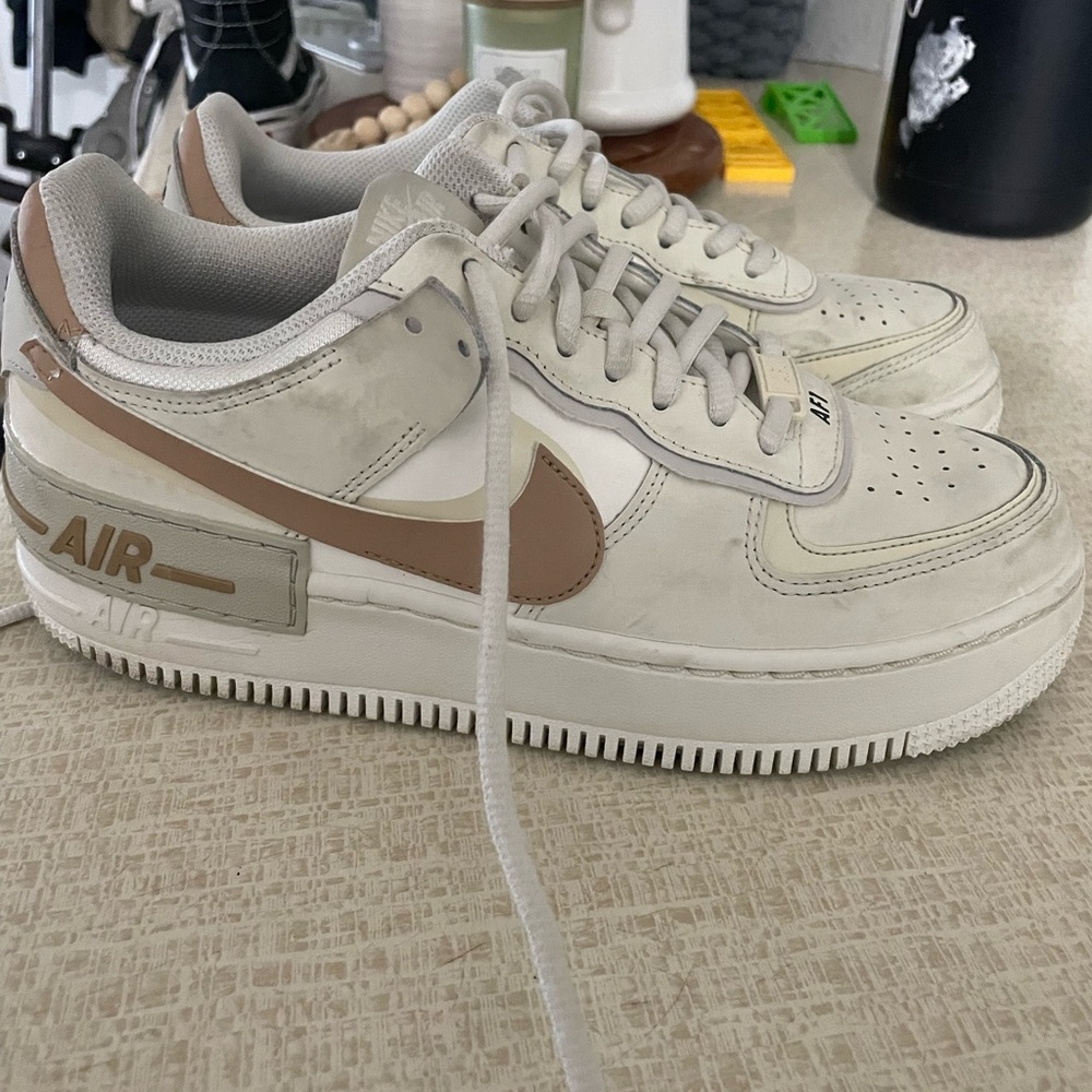 Nike Air Force 1 Sneakers in White and Tan - Picture 1 of 2